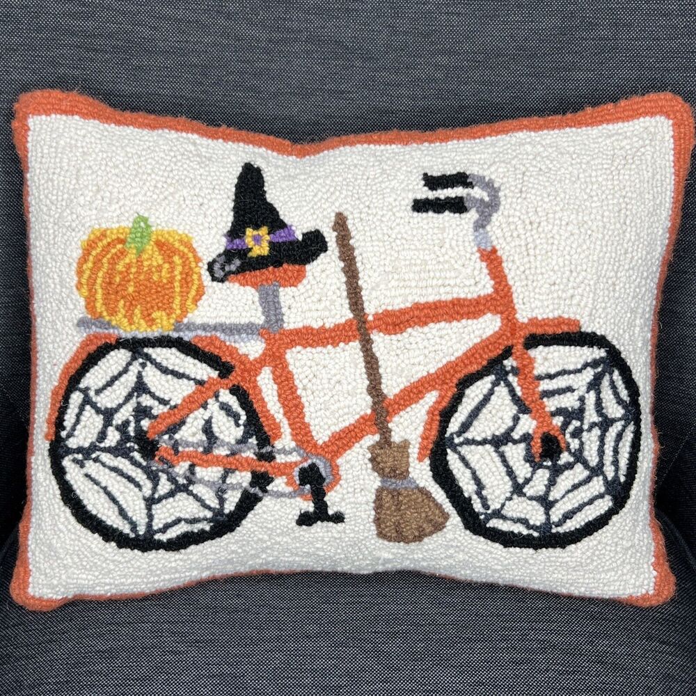Halloween Witch Bicycle Hooked Wool Throw Pillow 17 X 14 Spider Webs